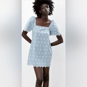 🌿 EUC ZARA Blue & Ivory Eyelet Embroidered Mini Dress | Women’s XS